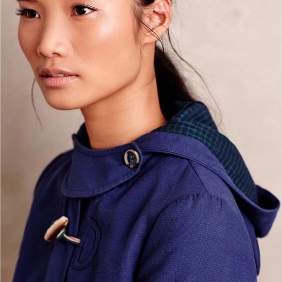 ANTHROPOLOGIE CARTONNIER Navy Blue Brown Toggle Hooded Cadet Coat Zip Jacket S - Picture 13 of 13